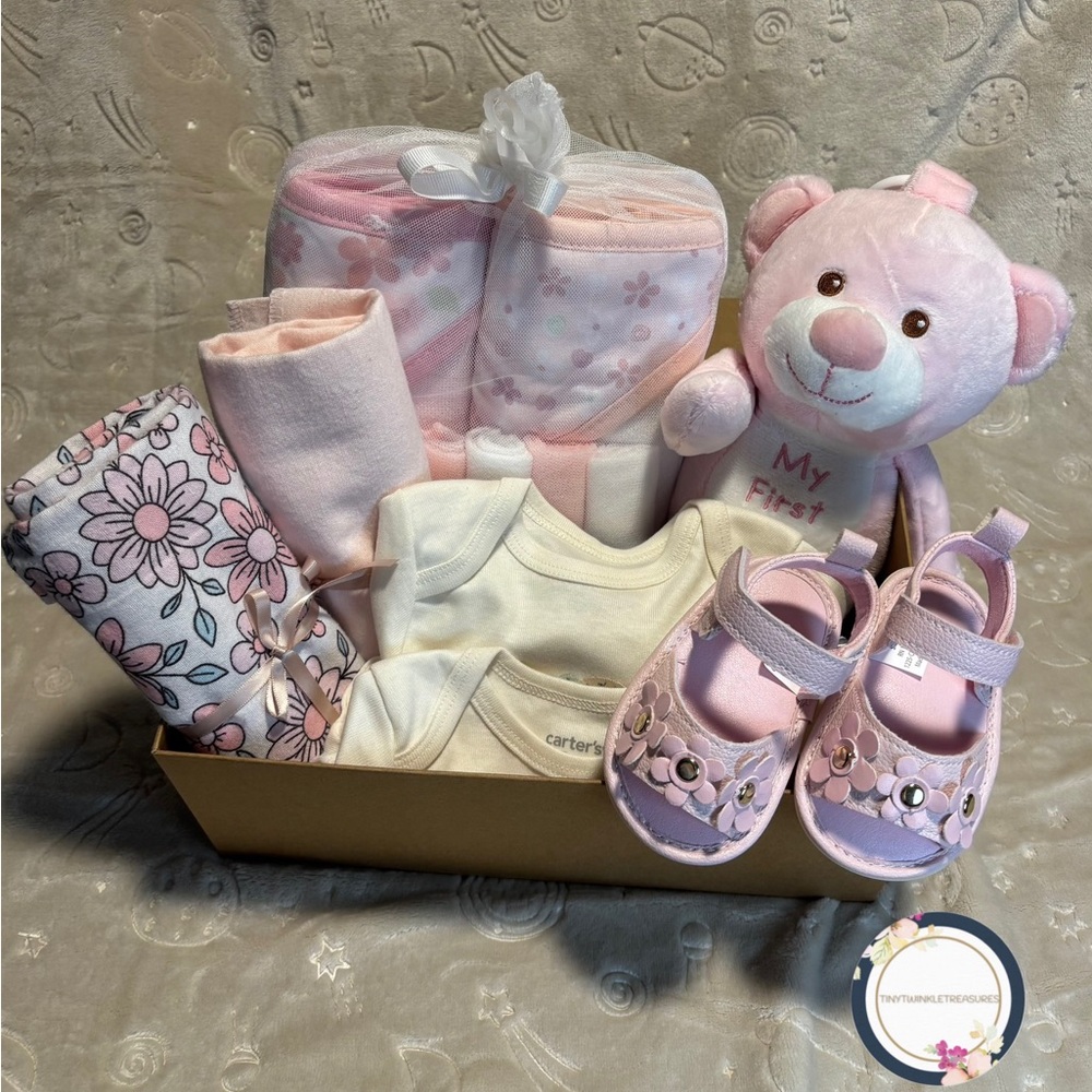 Pink Baby Gift Set with Plush Bear & Floral Shoes